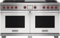 Wolf 60" 6 Burner Dual Fuel Range with Infrared Dual Griddle (DF60650DG/WH/P) featuring white accent colored door and signature red Wolf knobs.