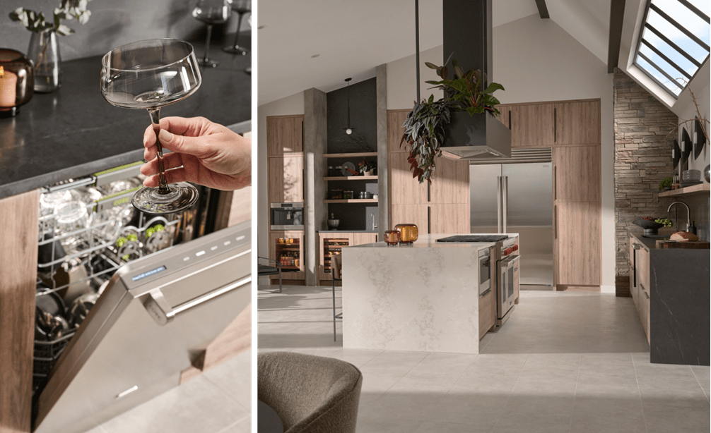 Lavavajillas Cove en acero Inoxidable presentado en un concepto de diseño de cocina abierta moderna, equipada con una estufa de gas Wolf y un refrigerador Sub-Zero