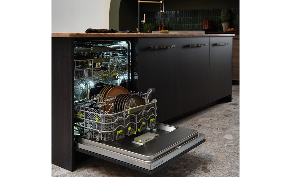 24 inch Panel Ready Built In Dishwasher with Water Softener (DW2451WS) by Cove Dishwashers shown set flush in charcoal kitchen cabinets.