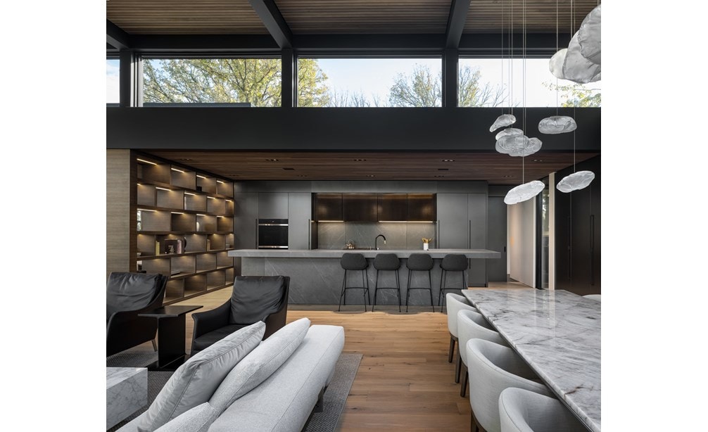 Sub-Zero, Wolf, and Cove KDC Finalist Living Lounge featuring IC-18FI 18" All Freezer Column with Ice Maker, IC-30RID 30" All Refrigerator Column with Internal Dispenser, DO30CM/B 30" Contemporary Double Oven and GR366 36" Range - 6 Burners