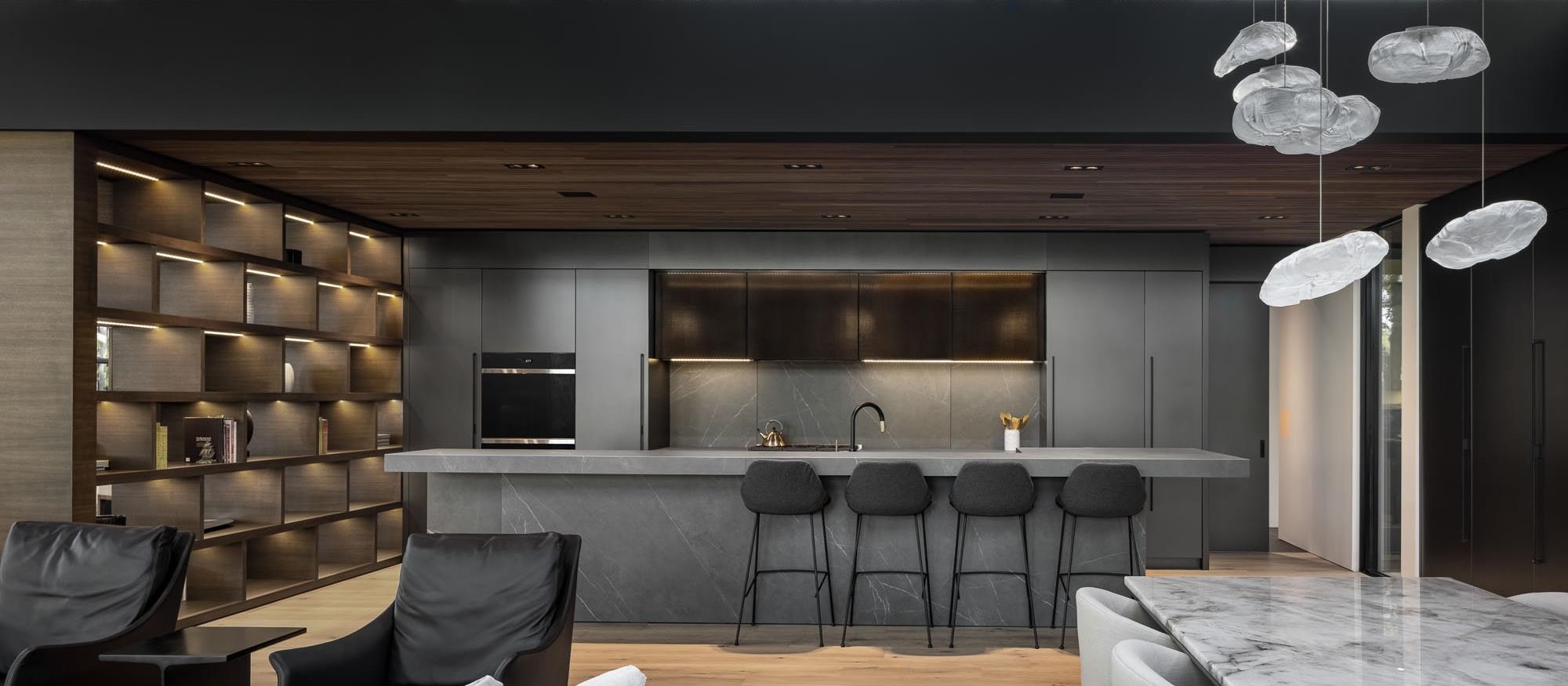 Sub-Zero, Wolf, and Cove KDC Finalist Living Lounge featuring IC-18FI 18" All Freezer Column with Ice Maker, IC-30RID 30" All Refrigerator Column with Internal Dispenser, DO30CM/B 30" Contemporary Double Oven and GR366 36" Range - 6 Burners