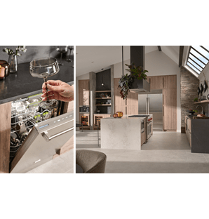 Lavavajillas Cove en acero Inoxidable presentado en un concepto de diseño de cocina abierta moderna, equipada con una estufa de gas Wolf y un refrigerador Sub-Zero