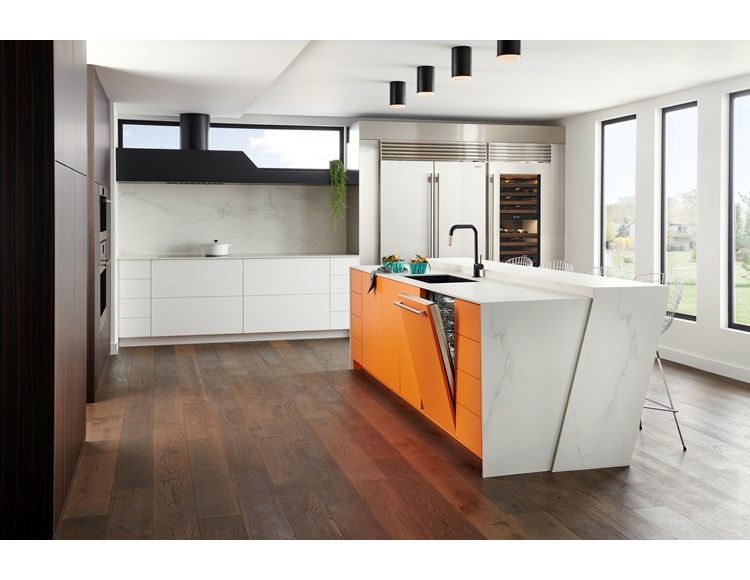 24 inch Panel Ready Dishwasher (DW2451) by Cove Dishwashers shown in a Euro kitchen design featuring white cabinets and marble countertops.