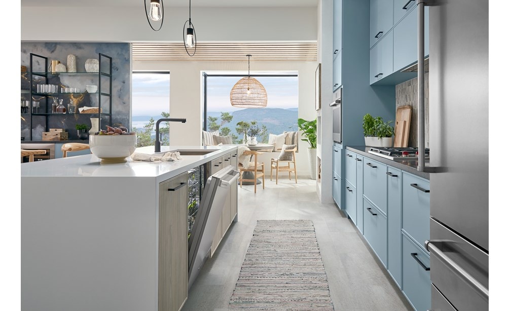 24 inch Stainless Steel Dishwasher by Cove Dishwashers shown with stainless steel door ajar in galley style kitchen featuring sky blue kitchen cabinets