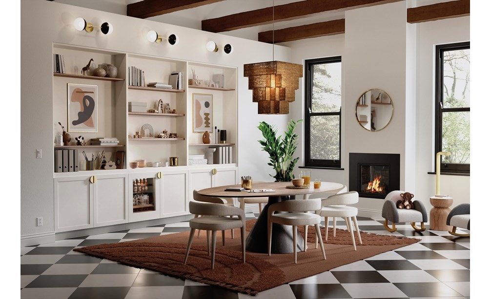 Sub-Zero 24" Designer Undercounter ADA Height Beverage Center - Panel Ready (DEU2450BG/ADA) shown in white custom cabinetry in home library with fireplace