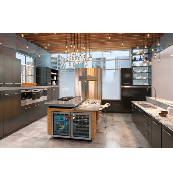 Sub-Zero 24" Undercounter Beverage Center (UC-24BG/S) paired with Sub-Zero 24" Undercounter Wine (UW-24/S) in a modern kitchen design.