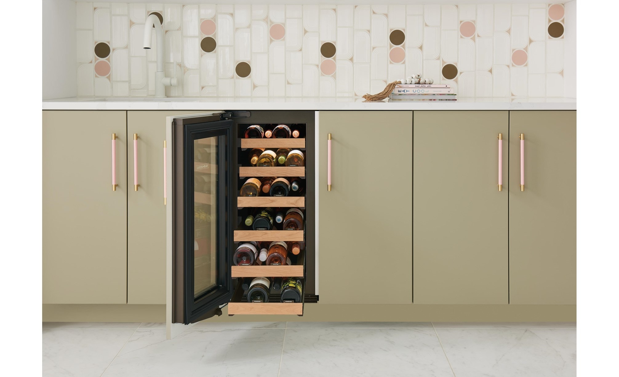Frontal view of Sub-Zero 15" Designer Undercounter Wine Storage - Panel Ready (DEU1550W) with wine racks extended at increasing lengths from top to bottom