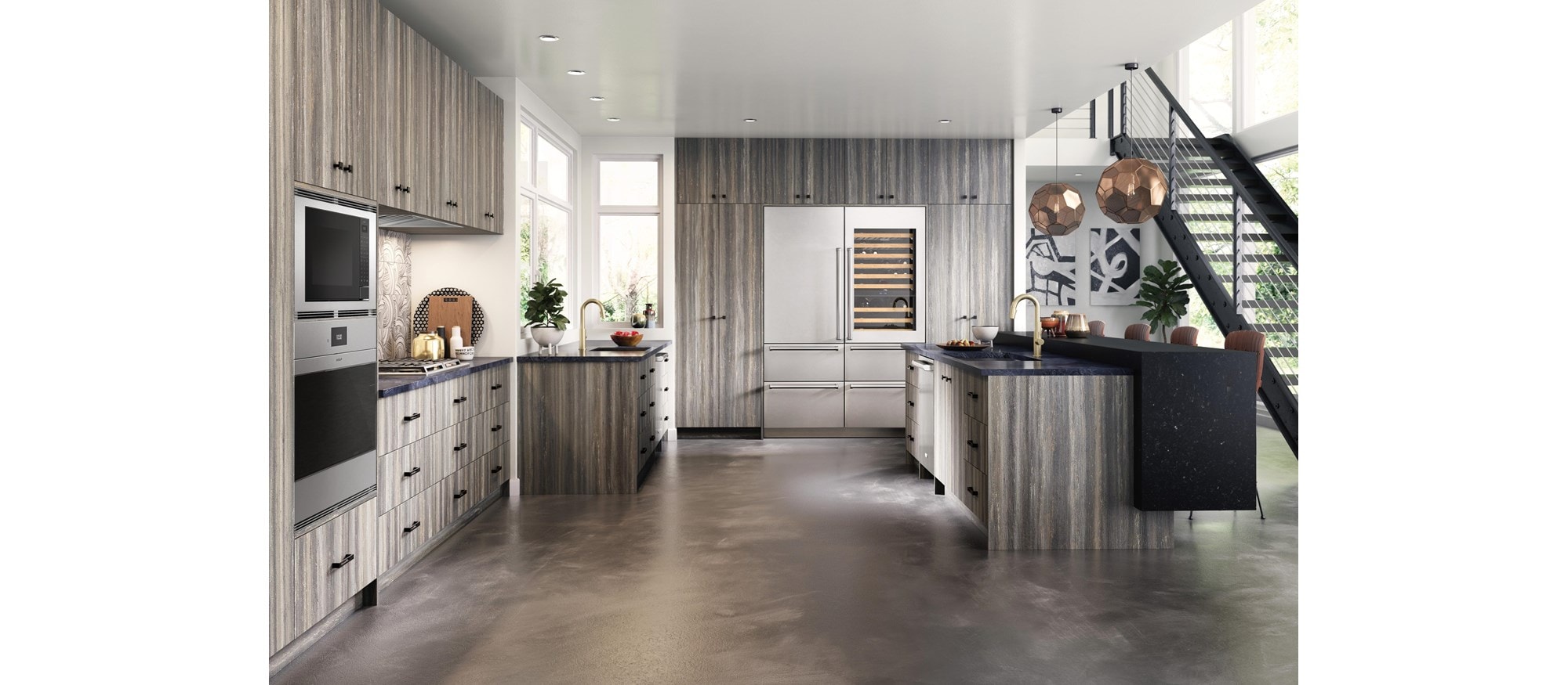 Horno microondas estándar de 24" Wolf (MS24) exhibido en diseño de cocina rústica abierta con pisos de concreto de tonos cálidos y gabinetes de paneles de madera