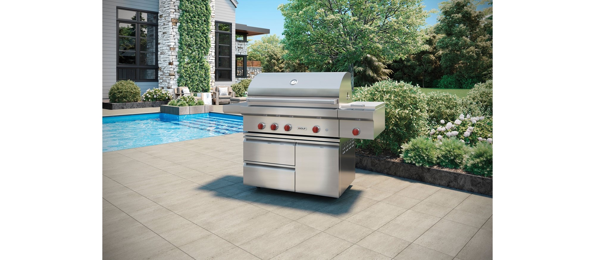 La parrilla independiente para exterior de 42” Wolf lleva convenientemente la potencia de la cocina Wolf a donde la necesite.