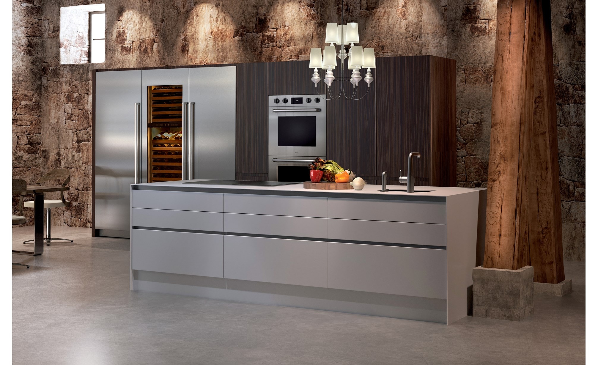 El horno doble profesional de la serie M de 30" Wolf (DO30PM/S/PH) exhibido integrado en un estilo de diseño de cocina minimalista rústico