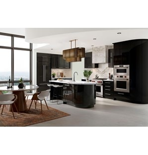 Horno de vapor con convección profesional de la serie E de 30" Wolf con tubería (CSO3050PM/S/P) instalado en una cocina de gabinetes personalizados de color negro brillante con vistas a una ciudad