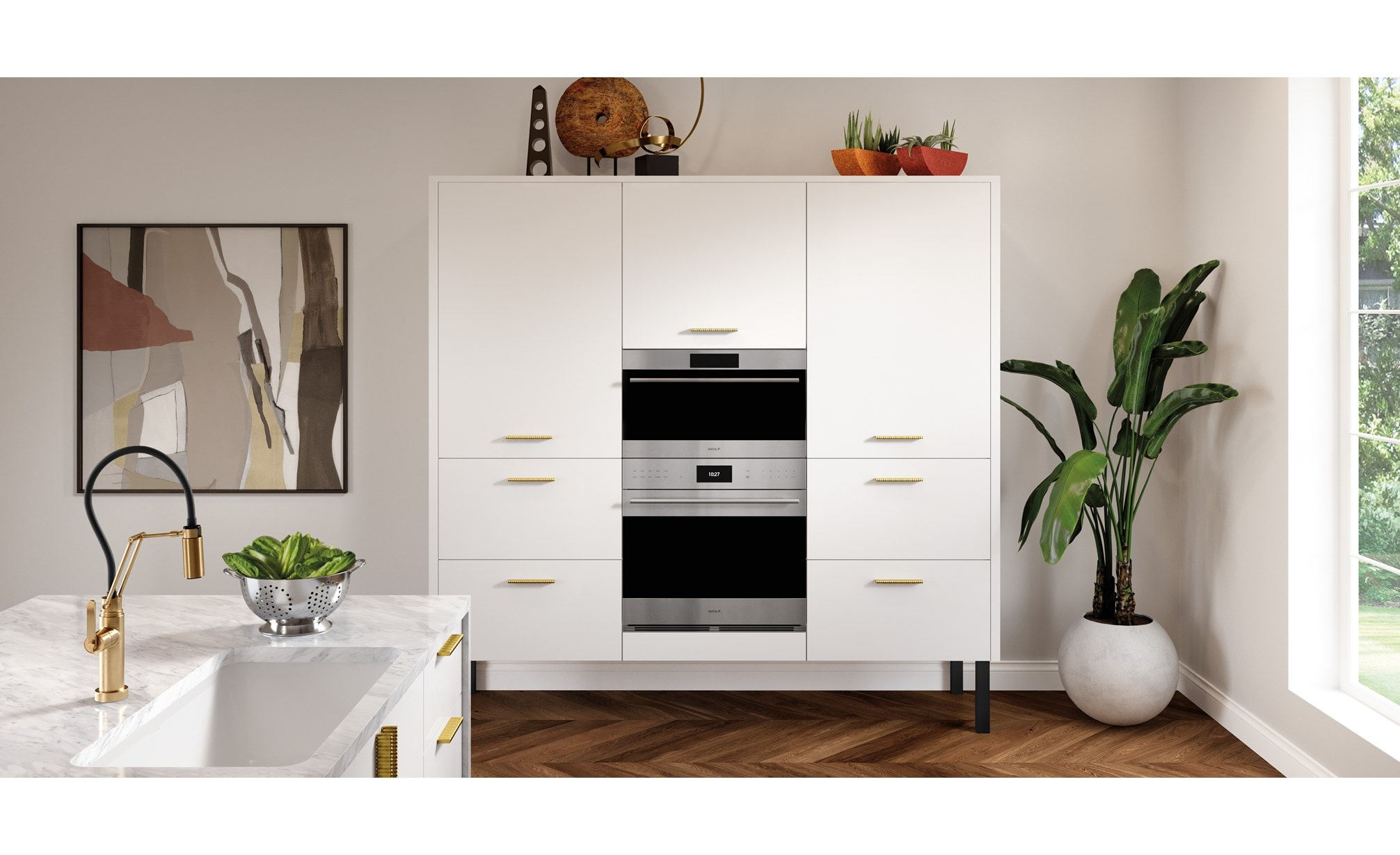 The Wolf 30" E Series Transitional Speed Oven - SPO3050TE/S/T with a complementary Wolf product in a white kitchen