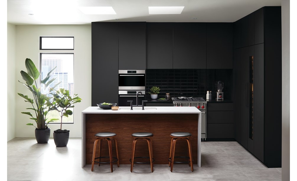 Horno de vapor con convección transicional de la serie E de 24" Wolf (CSO2450TE/S/T) rodeado de gabinetes negros en una cocina de apartamento iluminada por el sol