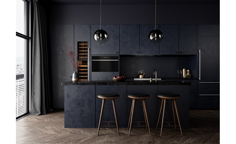 Horno de vapor con convección contemporáneo de la serie M de 30" Wolf con tubería (CSOP3050CM/B/T) exhibido en una cocina de apartamento con gabinetes personalizados de color azul oscuro nublado