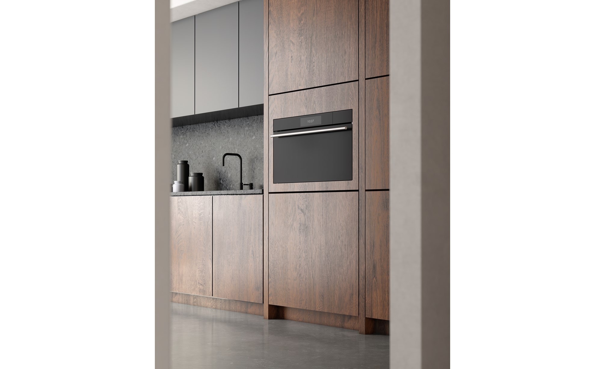 Horno de vapor con convección contemporáneo de la serie M de 30" Wolf (CSO3050CM/B/T) exhibido junto con gabinetes de madera teñidos exhibidon a través de una puerta