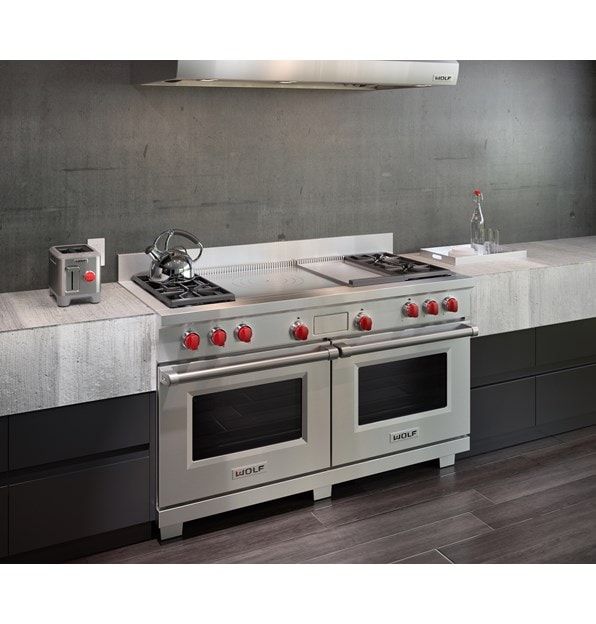 The Wolf 60" Dual Fuel Range 4 Burner Infrared Griddle French Top (DF604GF) with Wolf 60" Pro Wall Hood - 24" Depth (PW602418)
