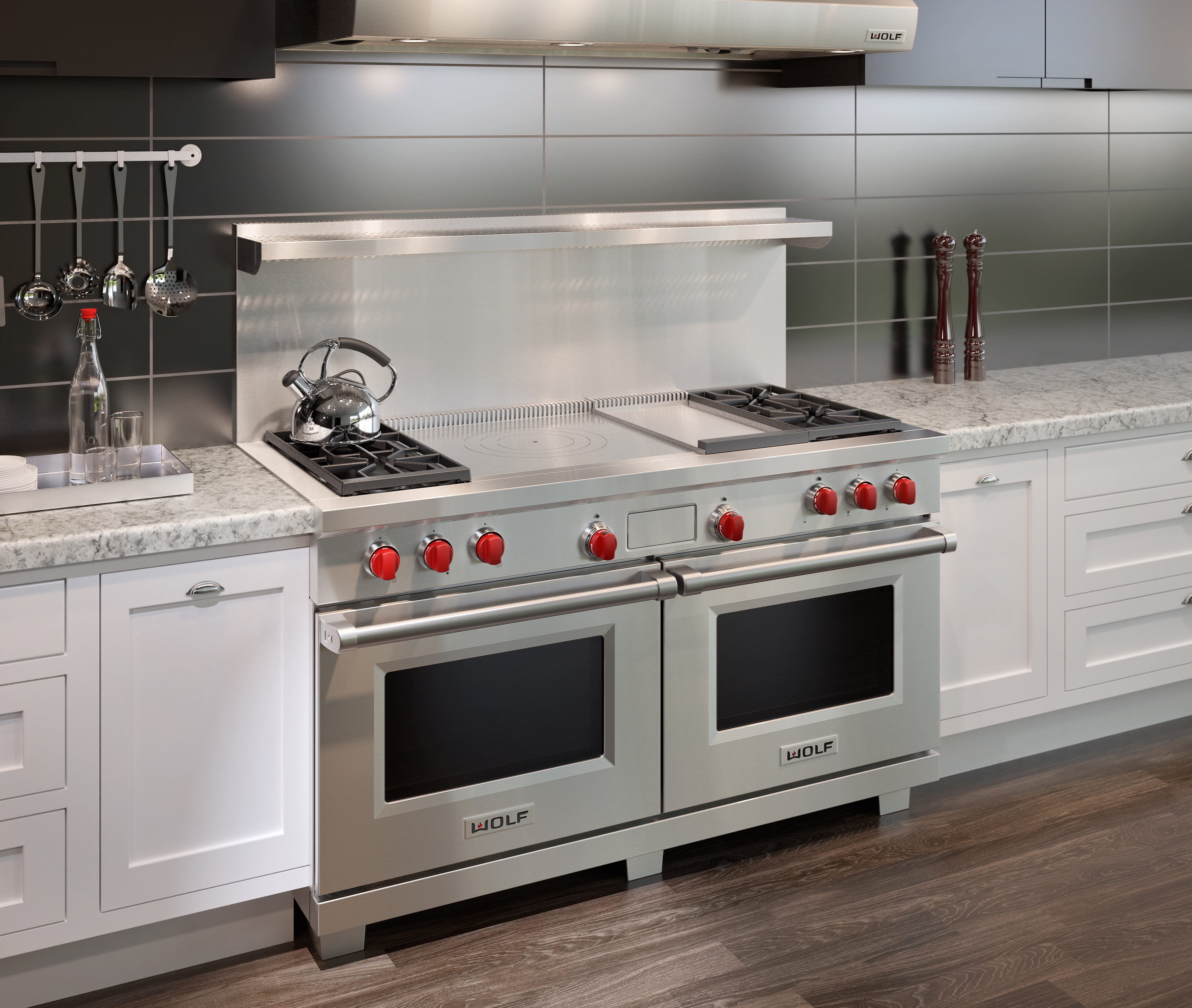 The Wolf 60" Dual Fuel Range 4 Burner Infrared Griddle French Top (DF604GF) with Wolf 60" Pro Wall Hood - 24" Depth (PW602418)