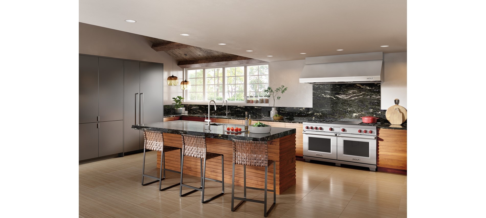 Estufa de doble salida de 60" Wolf con 6 quemadores, encimera francesa y placa de cocción (DF60650F)