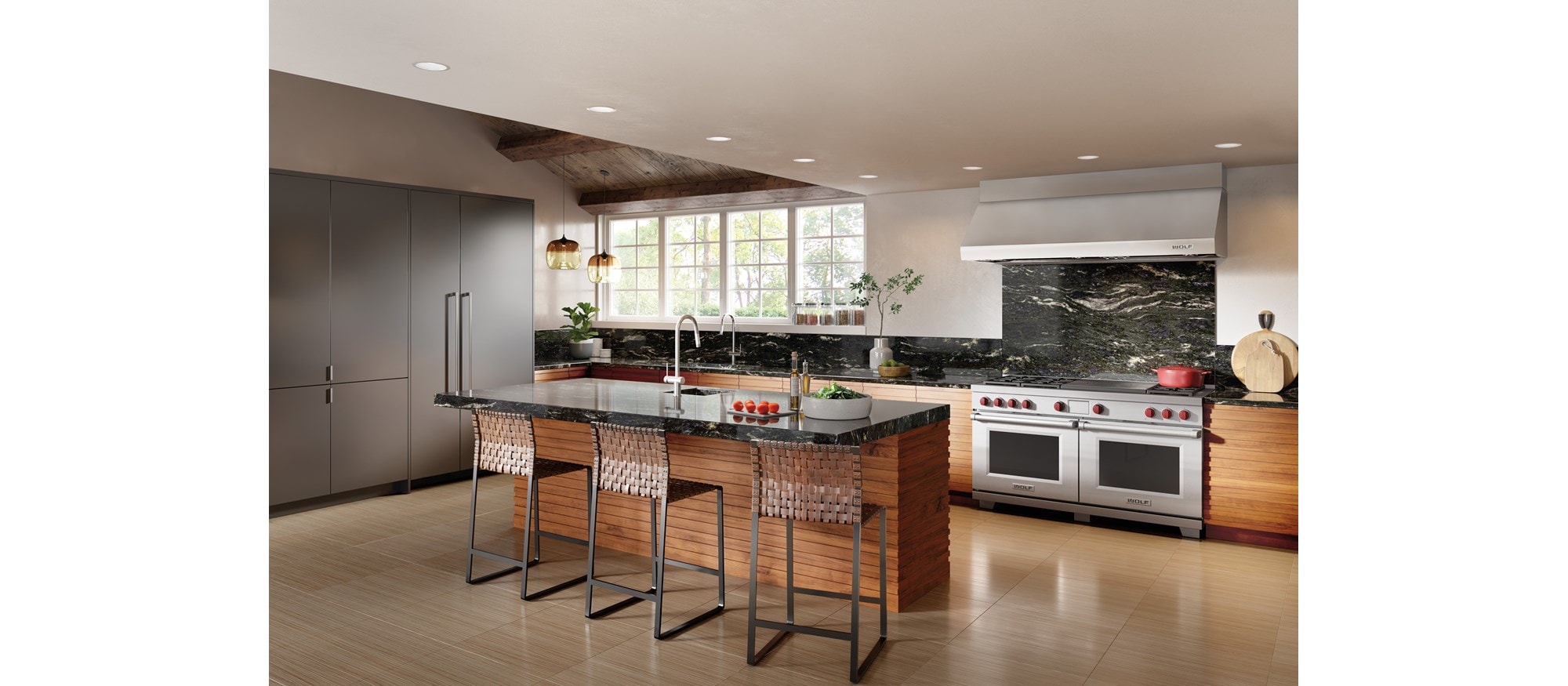 Estufa de doble salida de 60" Wolf con 6 quemadores, encimera francesa y placa de cocción (DF60650F)