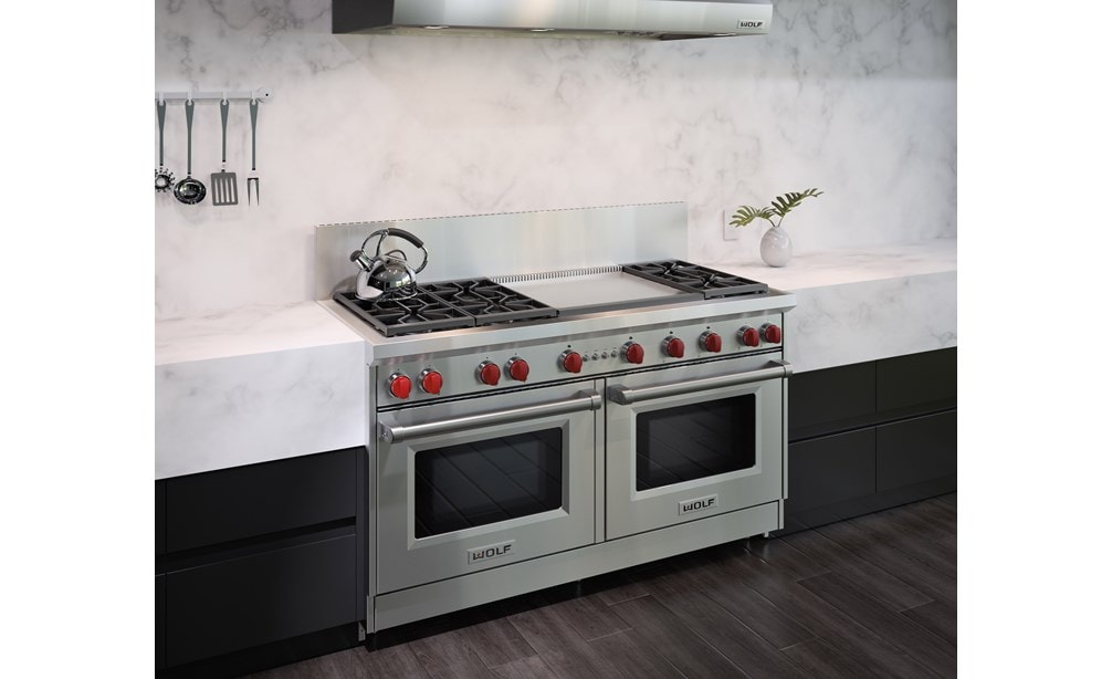 The Wolf 60" Gas Range 6 Burner Infrared Dual Griddle (GR606DG) Rangetop with Wolf 60" Pro Wall Hood - 24" Depth (PW602418)