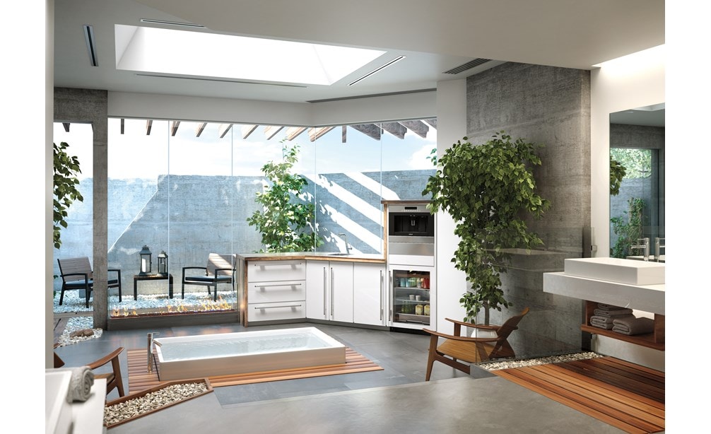 The Sub-Zero 24" Undercounter Beverage Center Panel Ready (UC- 24BG/O) displayed in the center of an open modish design.