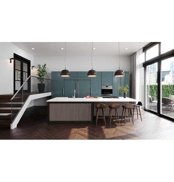 "Elegantes refrigeradores dobles Sub-Zero Classic de 36 pulgadas compatibles con paneles que combinan a la perfección en una cocina loft contemporánea, abierta y luminosa. "