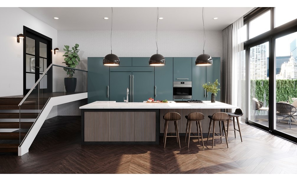 "Elegantes refrigeradores dobles Sub-Zero Classic de 36 pulgadas compatibles con paneles que combinan a la perfección en una cocina loft contemporánea, abierta y luminosa. "