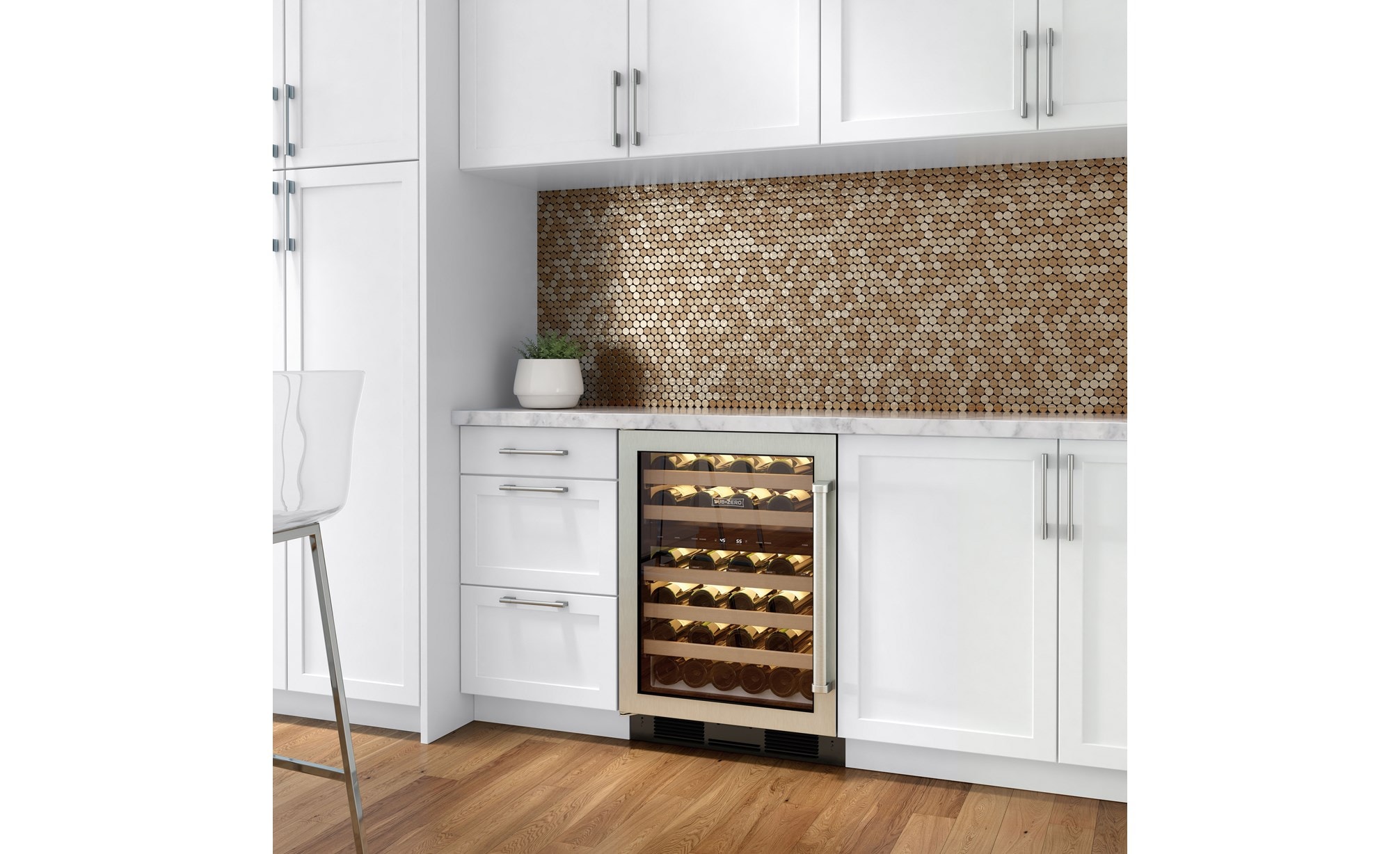 Sub-Zero 24" Undercounter Wine (UW-24/S) shown blending seamlessly within a clean kitchen design
