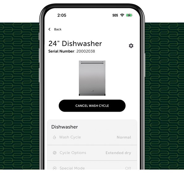Monitor the wash status of your Cove Dishwasher including wash cycle options, modes and delay start settings using the Sub-Zero, Wold and Cove Owners App