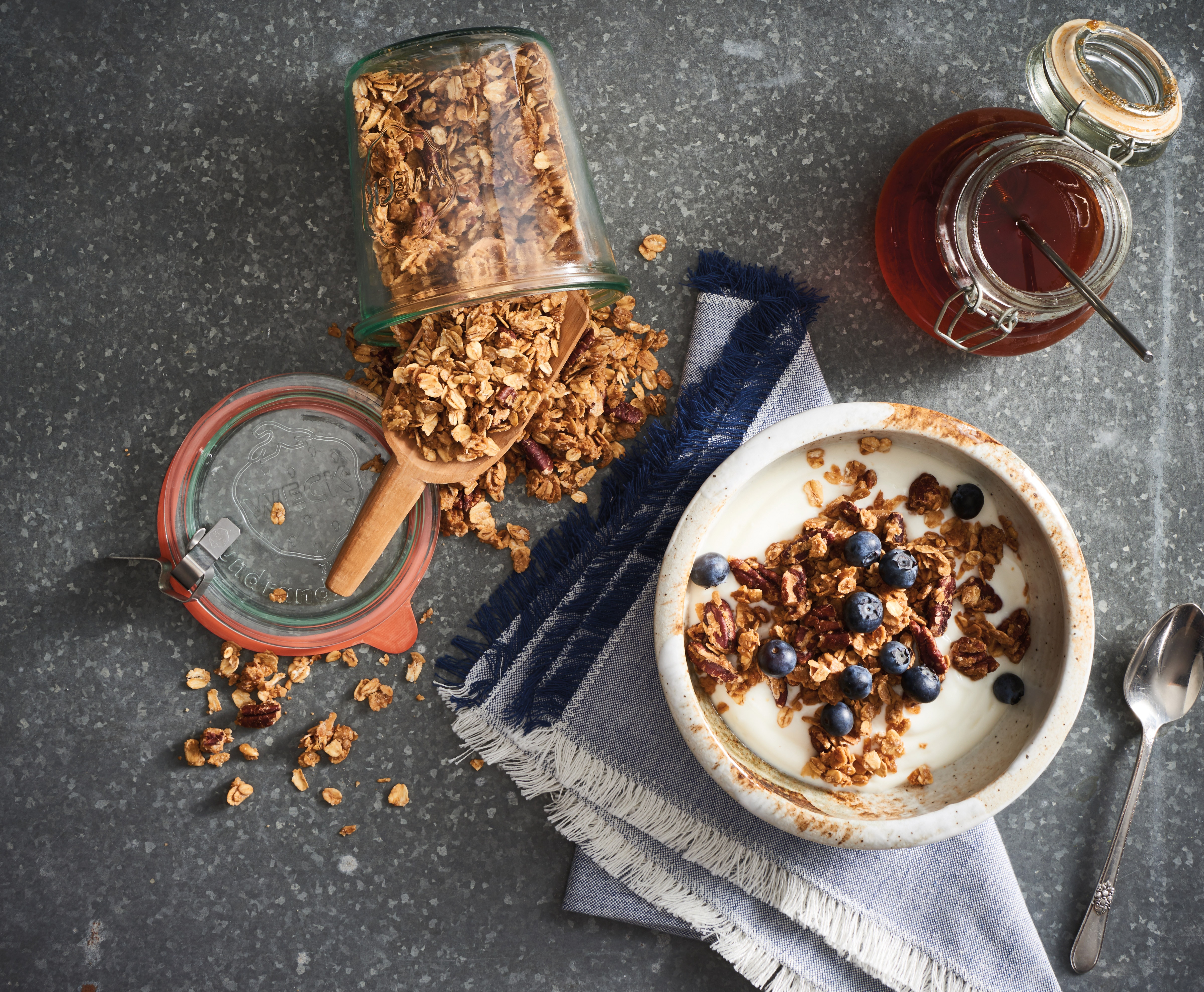 Granola and honey topping on yogurt