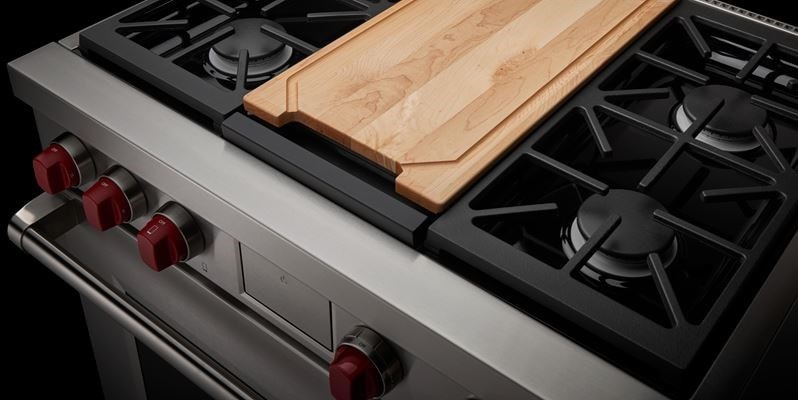Wolf 36&quot; Dual Fuel Range (DF36450G) shown with custom cutting board.
