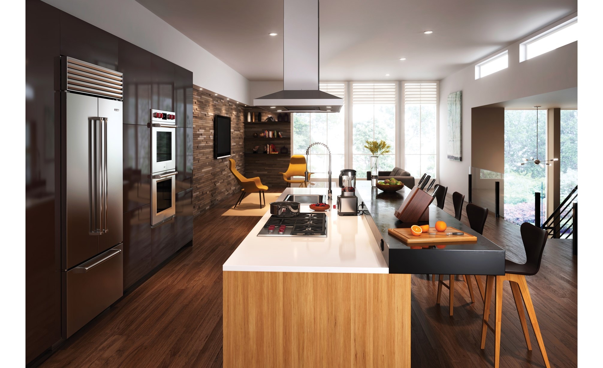 The Wolf 36" Professional Gas Cooktop (CG365P/S) displayed in large center island surrounded by an array of rich earthy tones and textures