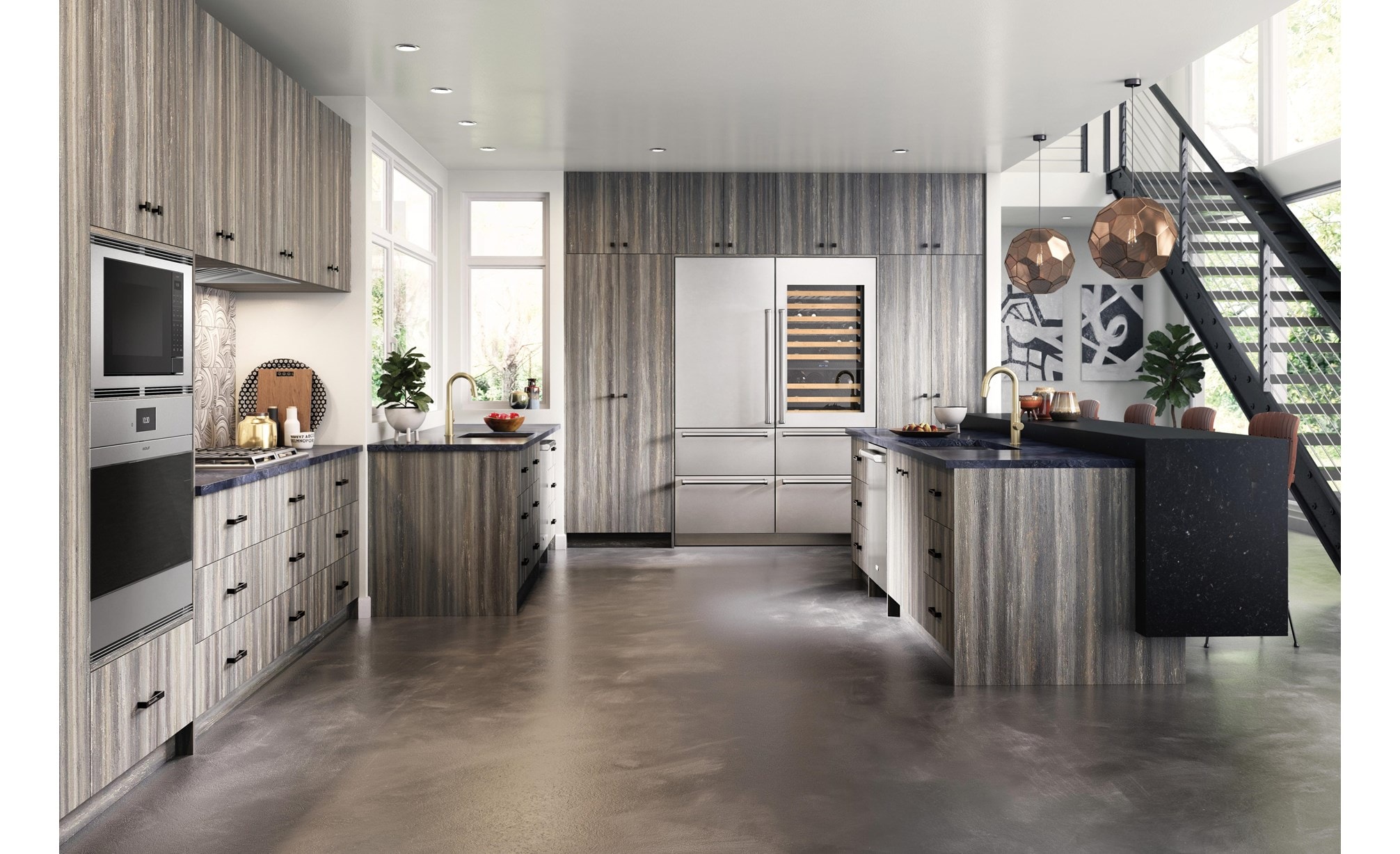 Horno microondas estándar de 24" Wolf (MS24) exhibido en diseño de cocina rústica abierta con pisos de concreto de tonos cálidos y gabinetes de paneles de madera