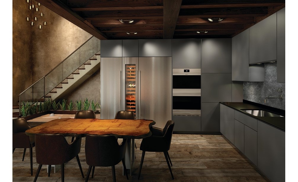 El horno doble de acero inoxidable contemporáneo de la serie M de 30" Wolf (DO30CM/S) exhibido en un estilo clásico de cocina de diseño europeo ultramoderno.