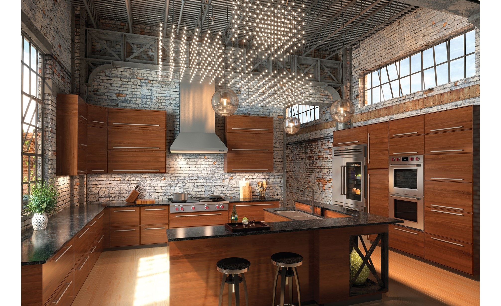 El horno doble profesional de la serie M de 30" Wolf (DO30PM/S/PH) exhibido integrado en un estilo de diseño de cocina industrial urbana