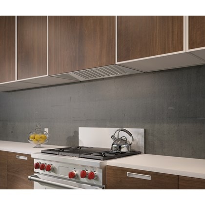 El revestimiento de campana extractora Pro de 34" Wolf - 22" de profundidad (PL342212) exhibido con una estufa de energía dual de 36" - 4 quemadores y asadora infrarroja (DF364C)