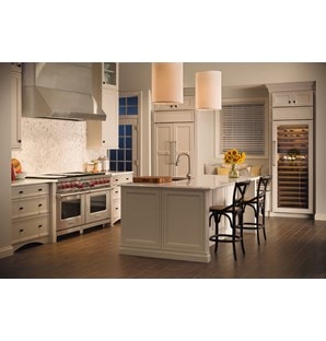 The Wolf 60" Dual Fuel Range 6 Burner Infrared Charbroiler Griddle (DF606CG) shown with Wolf 60" Pro Wall Hood - 24" Depth (PW602418)