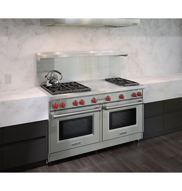 The Wolf 60" Gas Range 6 Burner French Top (GR606F) Rangetop with Wolf 60" Pro Wall Hood - 24" Depth (PW602418)