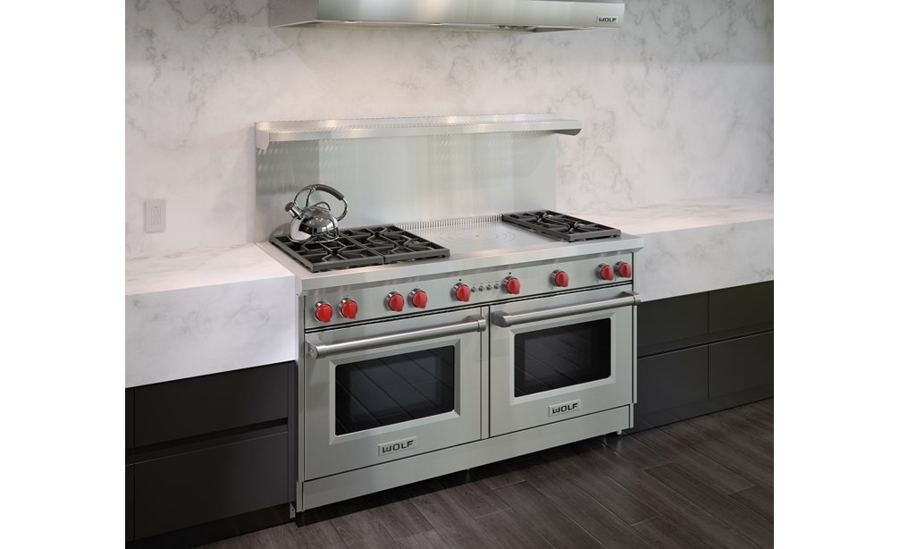 The Wolf 60" Gas Range 6 Burner French Top (GR606F) Rangetop with Wolf 60" Pro Wall Hood - 24" Depth (PW602418)